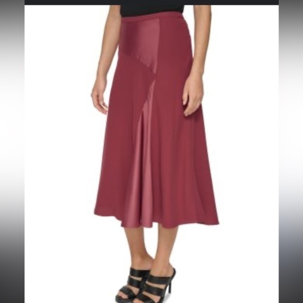 DKNY Cabernet Satin Midi Skirt NWT | Size 10 | Burgundy Asymmetrical Flowy Skirt - Picture 2 of 11
